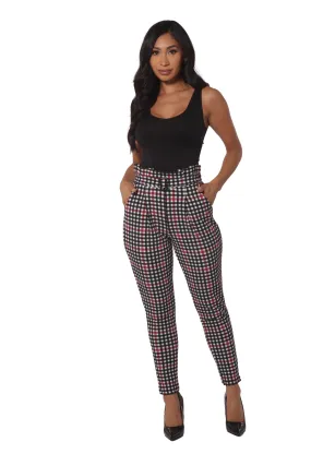 Paperbag Waist Knit Crepe Pleat Pants With Buckle Belt - Black, White, Red Plaid