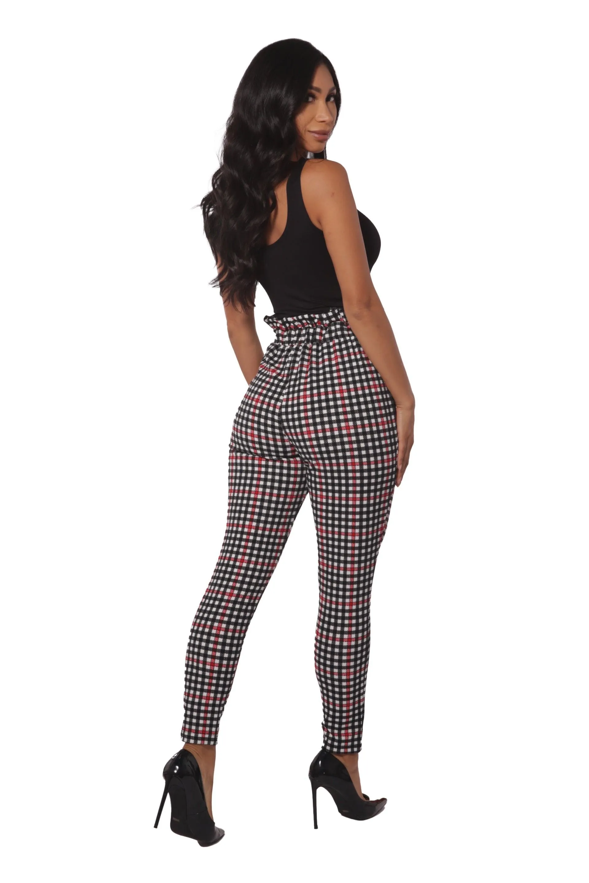 Paperbag Waist Knit Crepe Pleat Pants With Buckle Belt - Black, White, Red Plaid