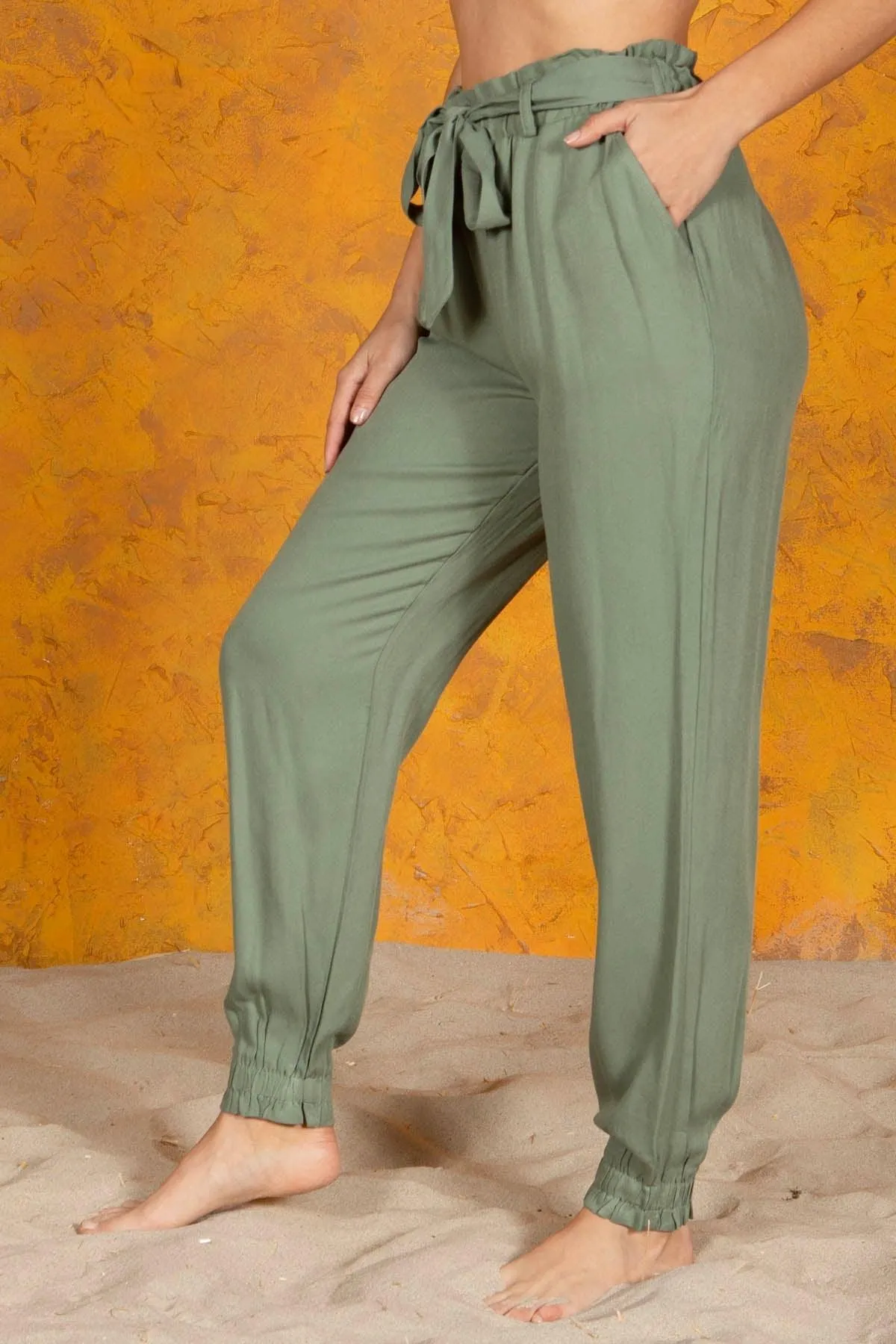 Paperbag Waist Loose Fit Pants With Self Tie And Pockets - Green