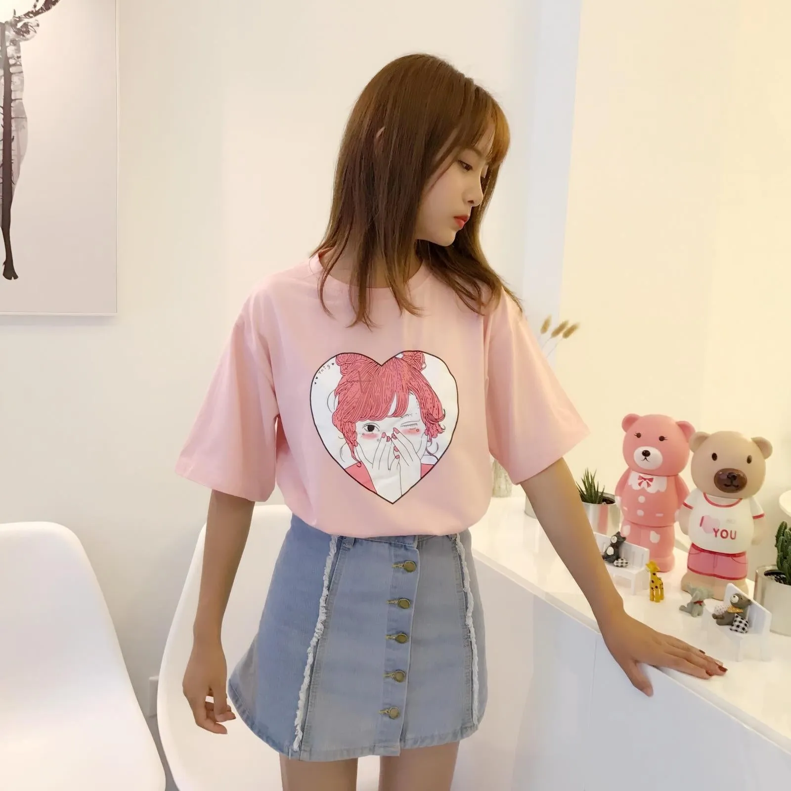 Pink Anime Cartoon Printed Tee