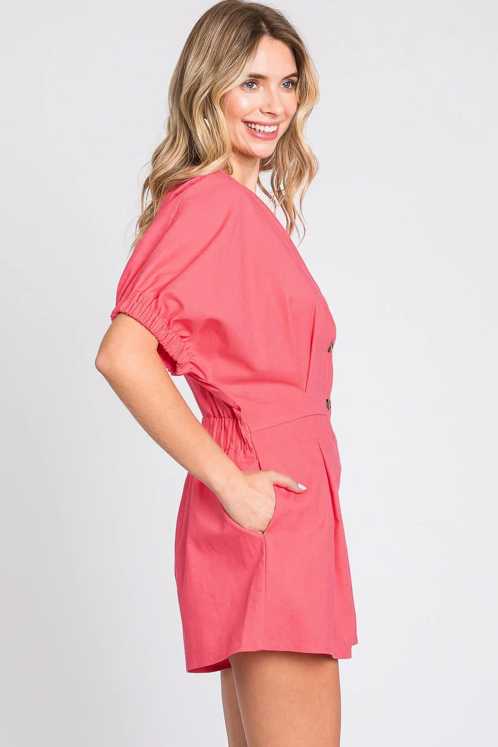 Pink V-Neck Linen Romper