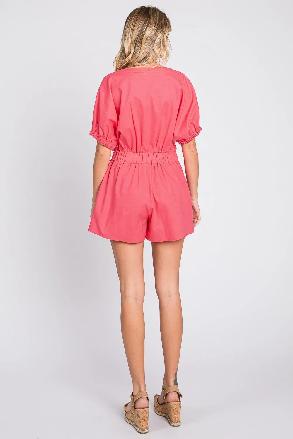 Pink V-Neck Linen Romper