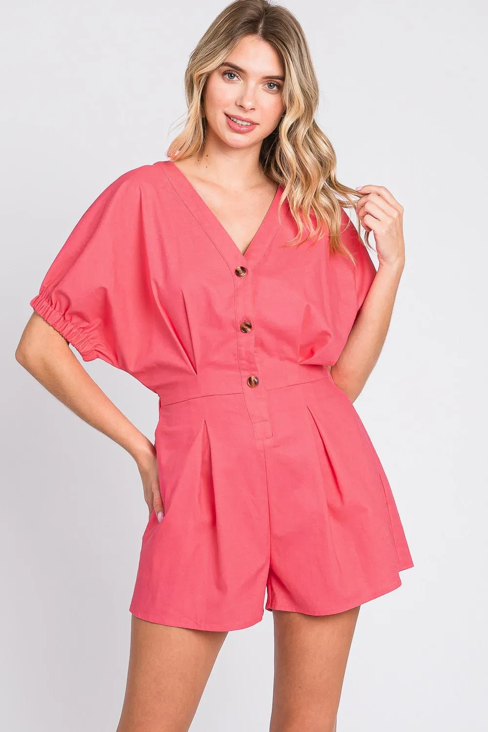 Pink V-Neck Linen Romper