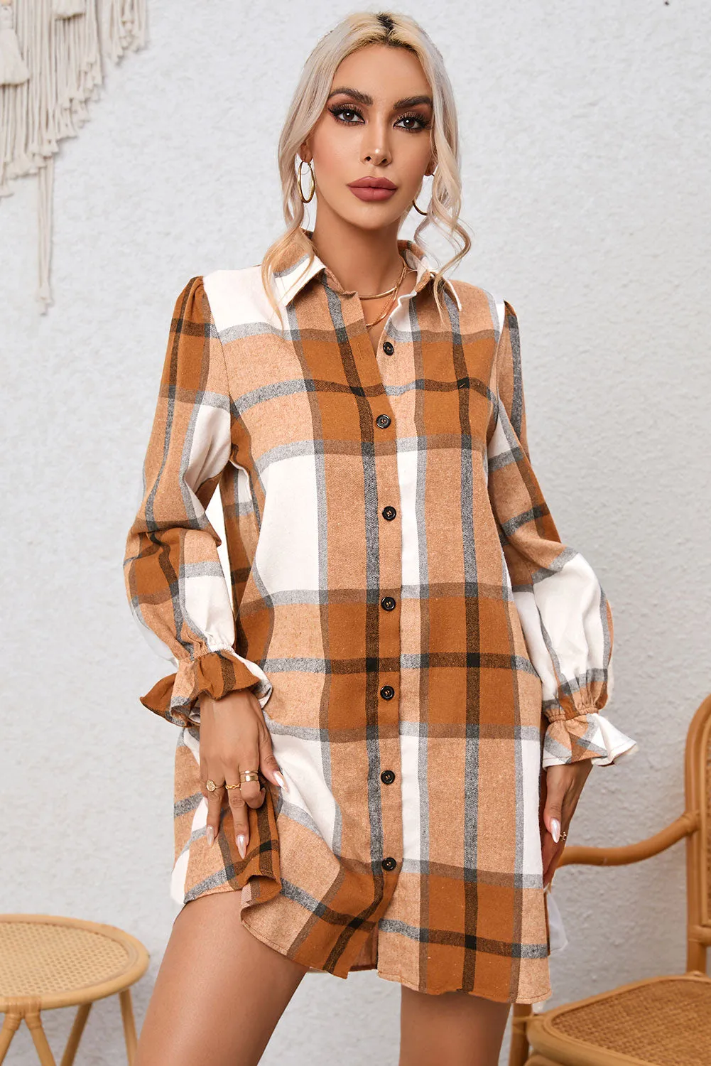 Plaid Pattern Collared Neck Ruffled Sleeve Shirt Dress