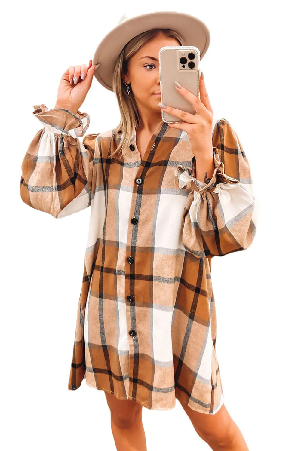 Plaid Pattern Collared Neck Ruffled Sleeve Shirt Dress