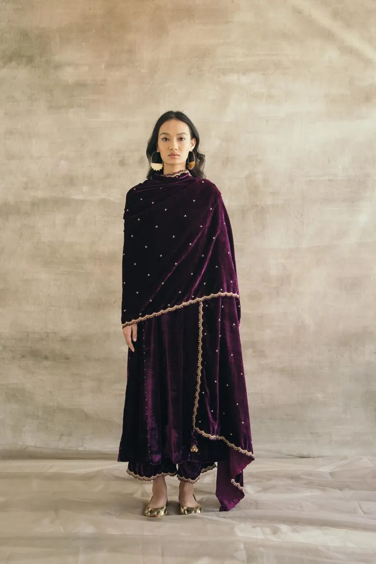 Plum Kalidaar Velvet Kurta Set-Heavy