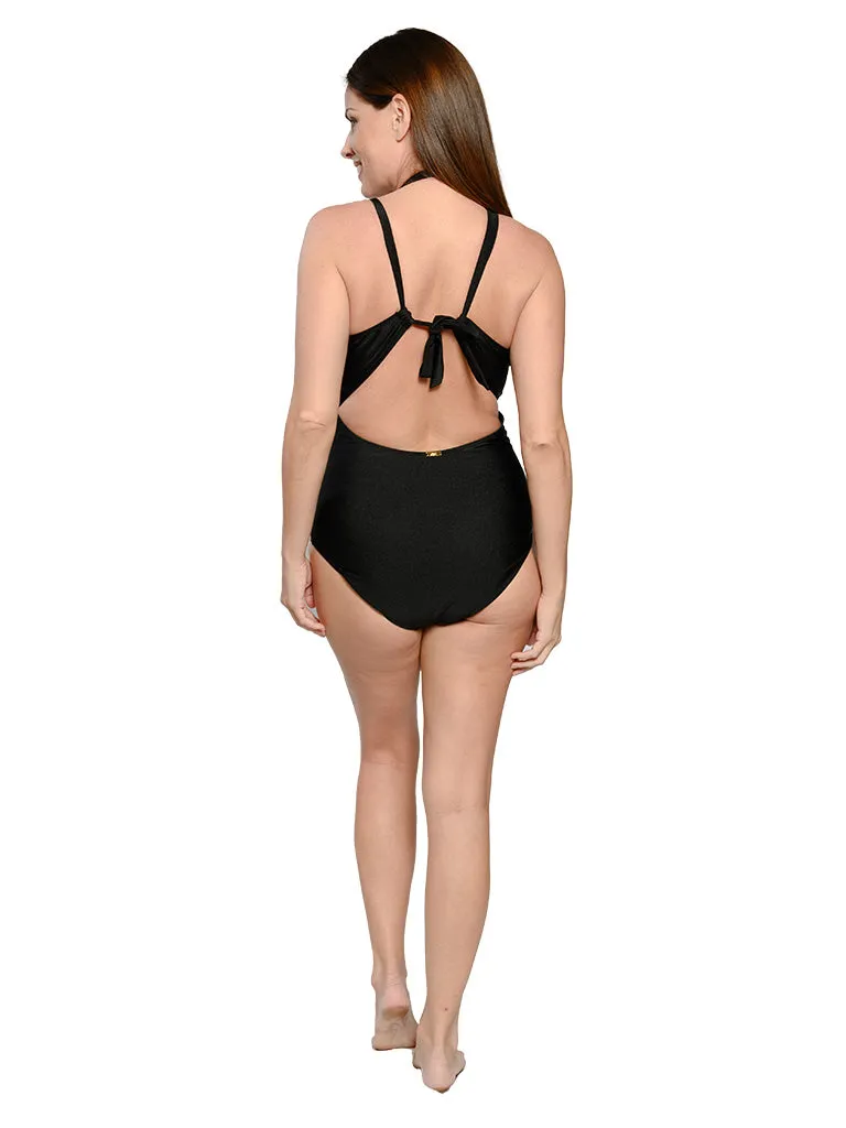 Plunge neckline with grommets one piece swim suit