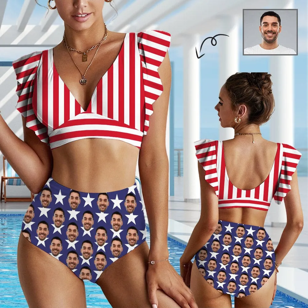 #Plus Size Custom Face American Flag Women Ruffle High Waisted Flounce Bikini Set Two Pieces Swimsuit Beachwear