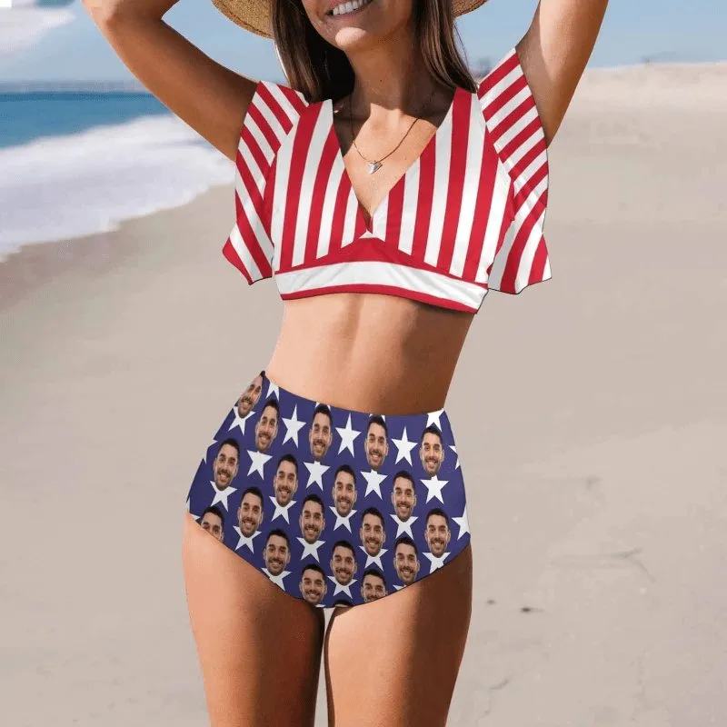 #Plus Size Custom Face American Flag Women Ruffle High Waisted Flounce Bikini Set Two Pieces Swimsuit Beachwear