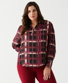 Plus Size Plaid Shirred Split Neck Blouse