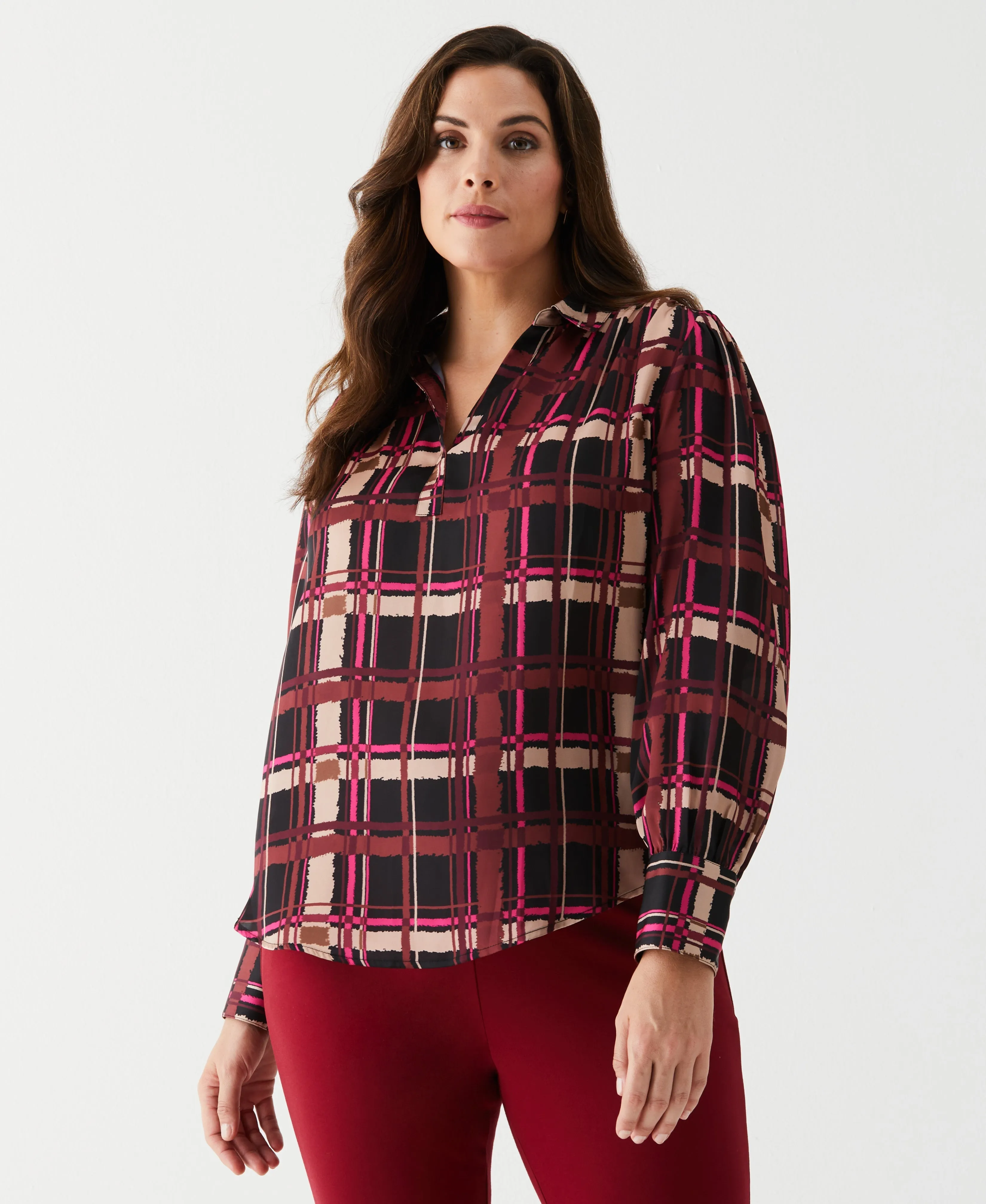 Plus Size Plaid Shirred Split Neck Blouse