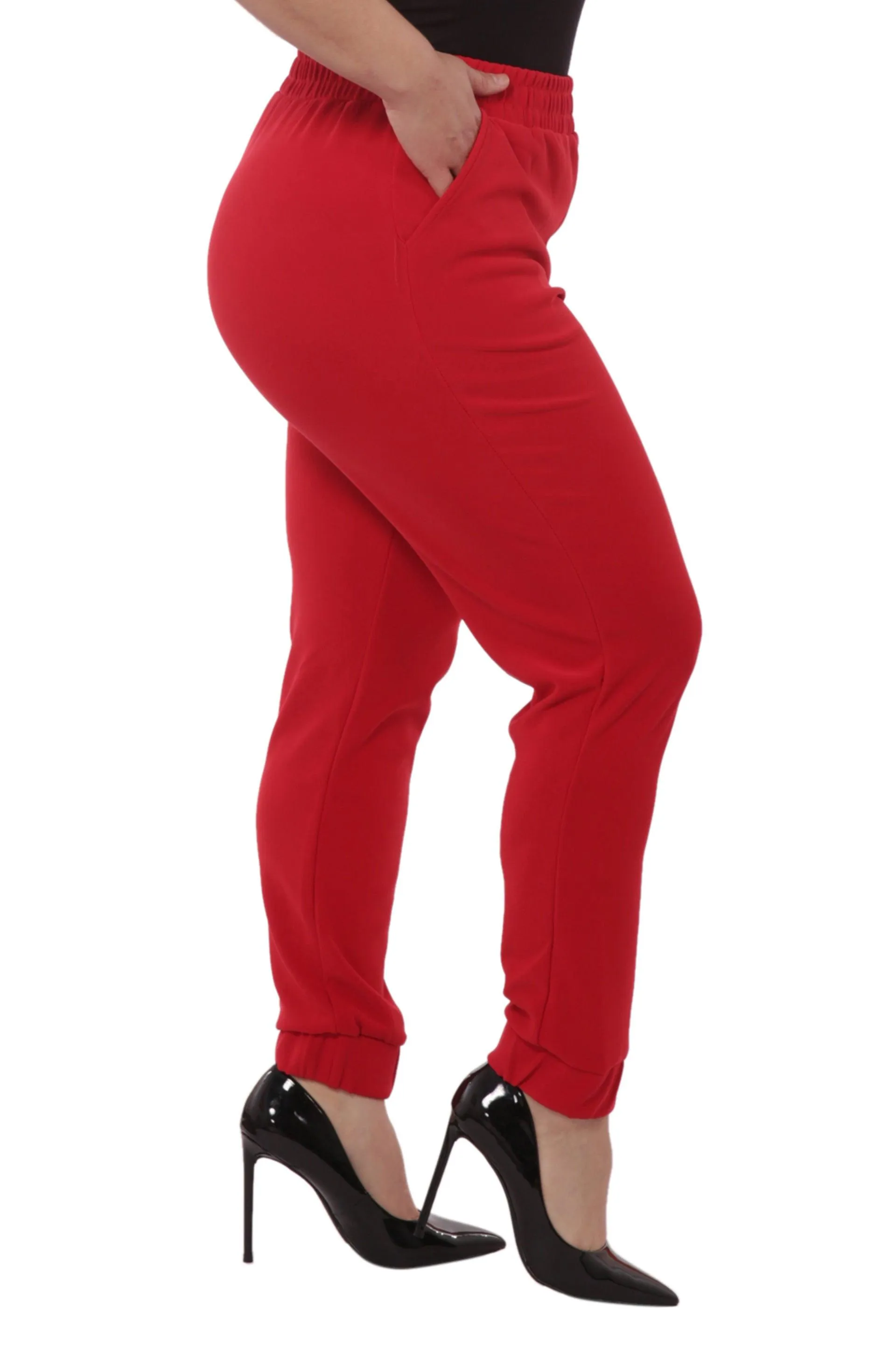 Plus Size Shirred Waist & Cuff Joggers With Pockets - Red