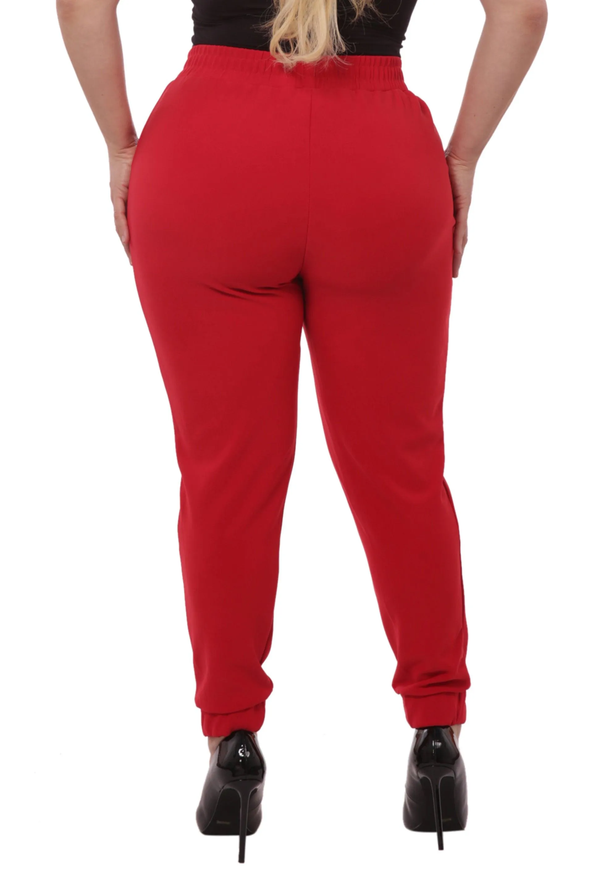 Plus Size Shirred Waist & Cuff Joggers With Pockets - Red