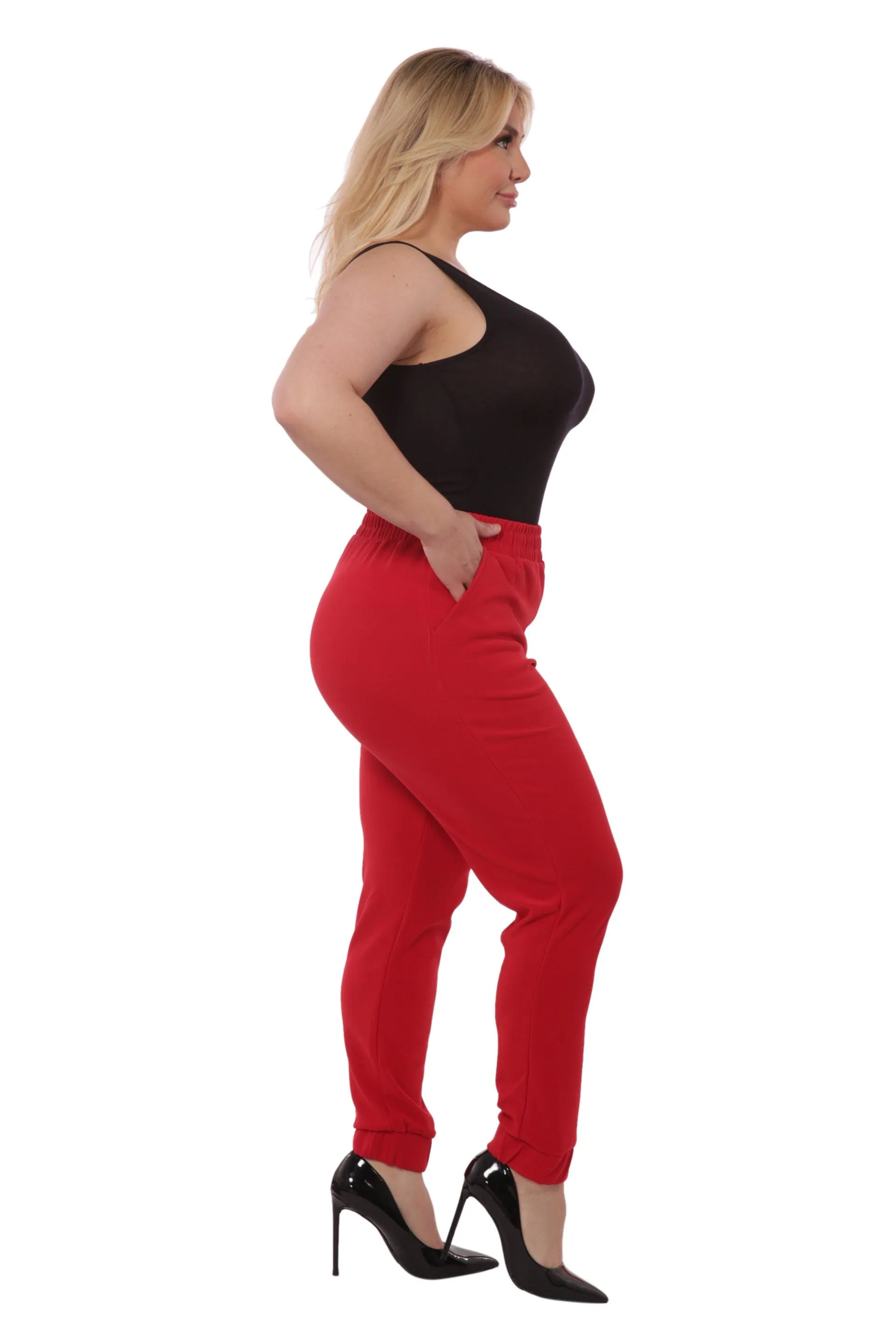 Plus Size Shirred Waist & Cuff Joggers With Pockets - Red