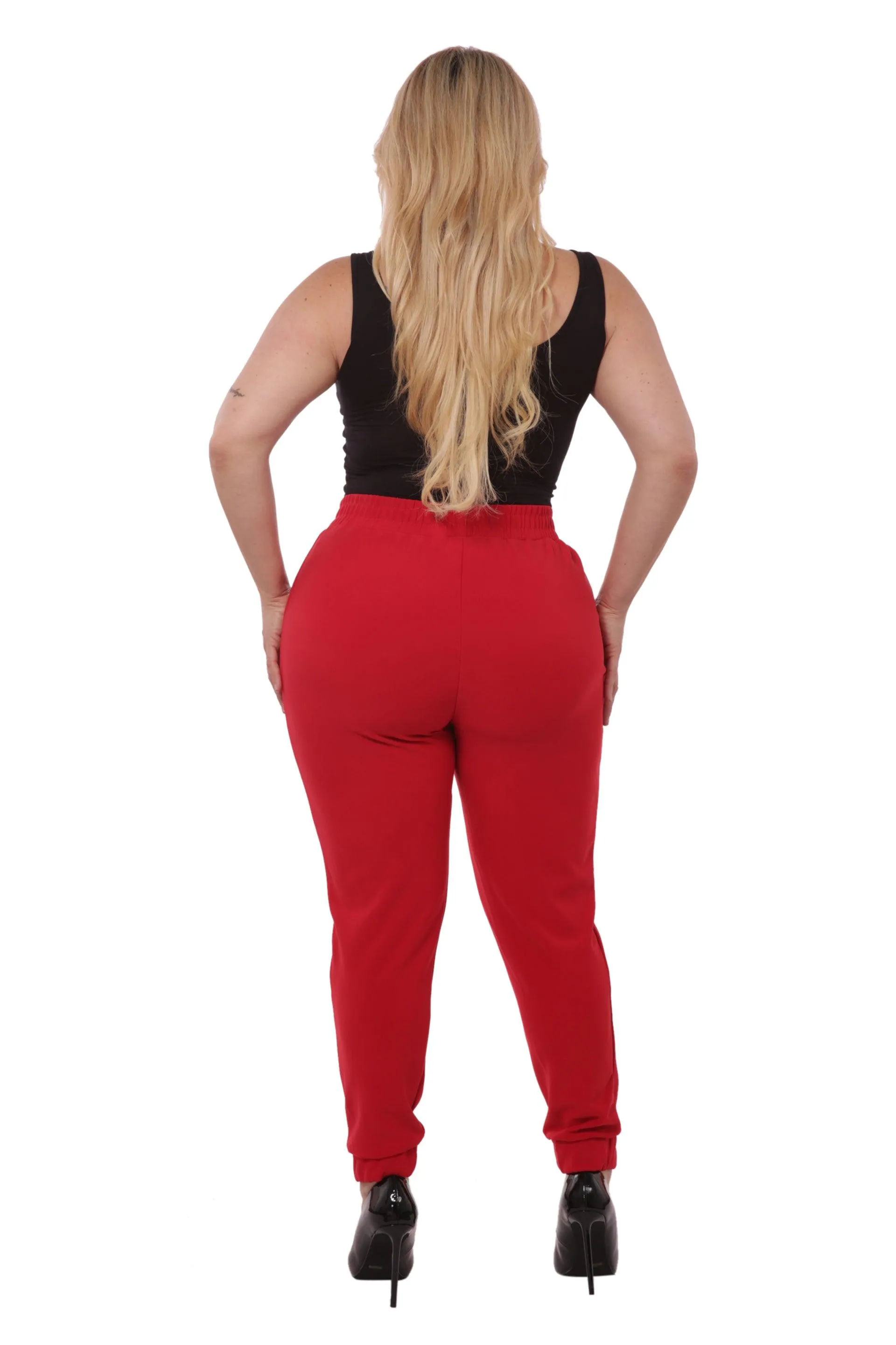 Plus Size Shirred Waist & Cuff Joggers With Pockets - Red