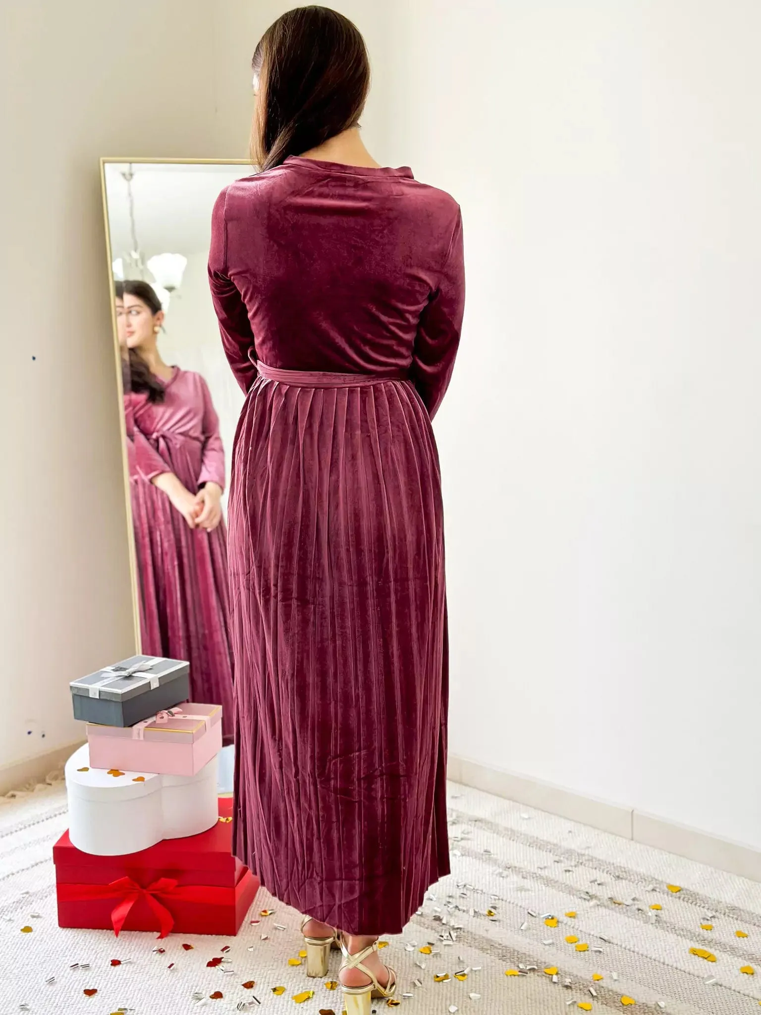 Promise Pleated Velvet Dress - Rose