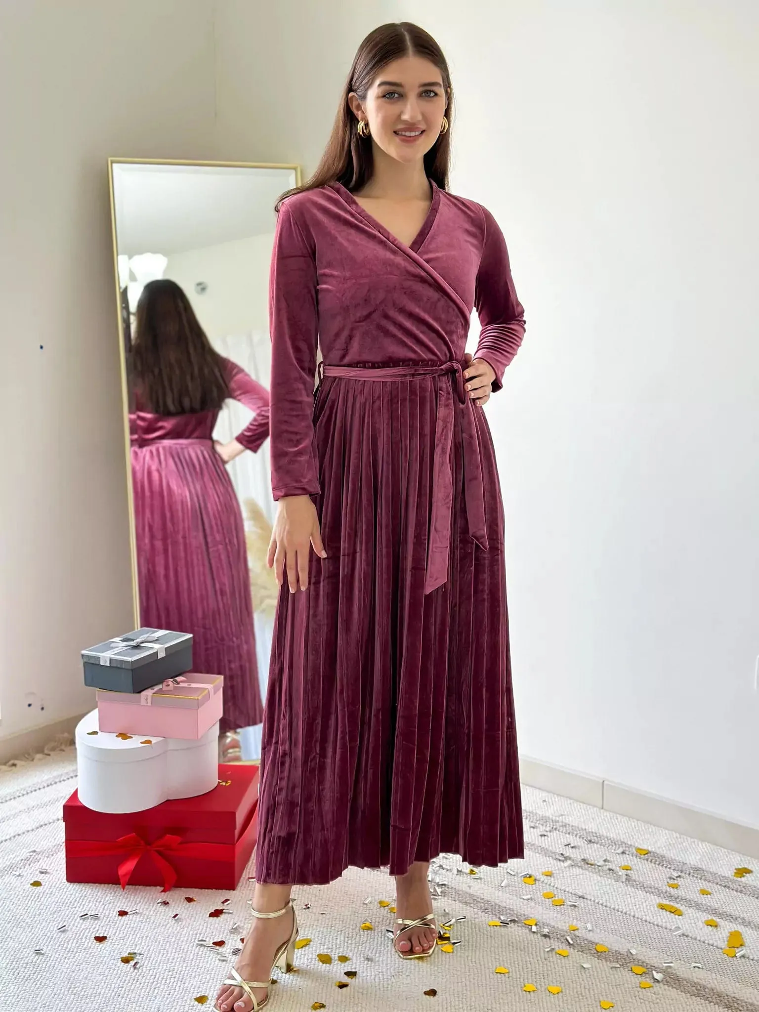 Promise Pleated Velvet Dress - Rose