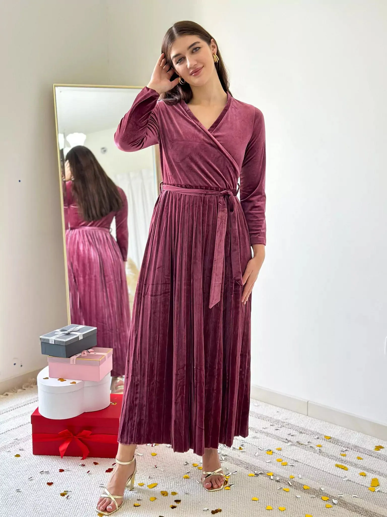 Promise Pleated Velvet Dress - Rose