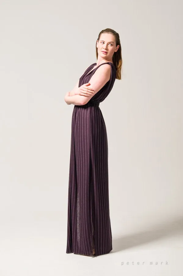 Purple Pinstripe Plunge Evening Dress