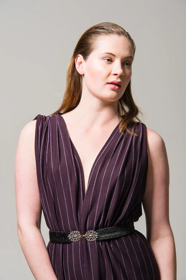 Purple Pinstripe Plunge Evening Dress