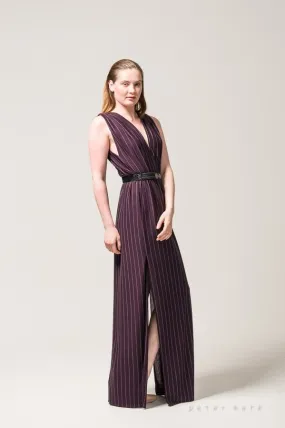 Purple Pinstripe Plunge Evening Dress