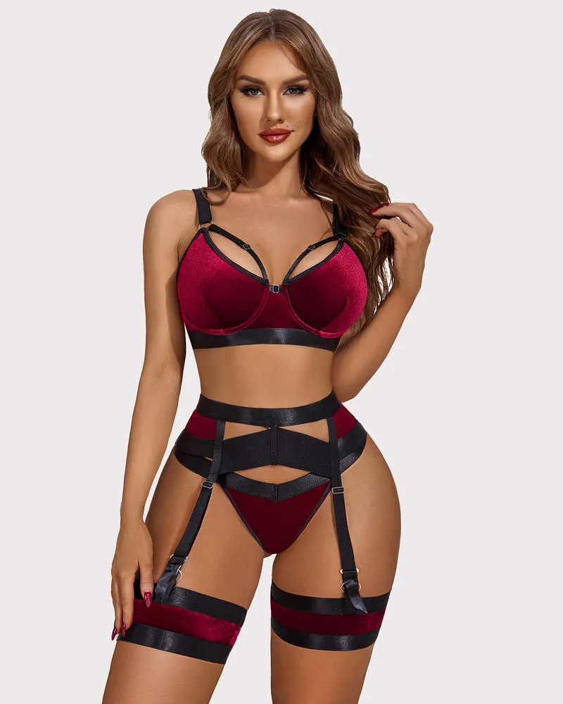 Push Up Underwire 5 Piece Lingerie Set with Garter