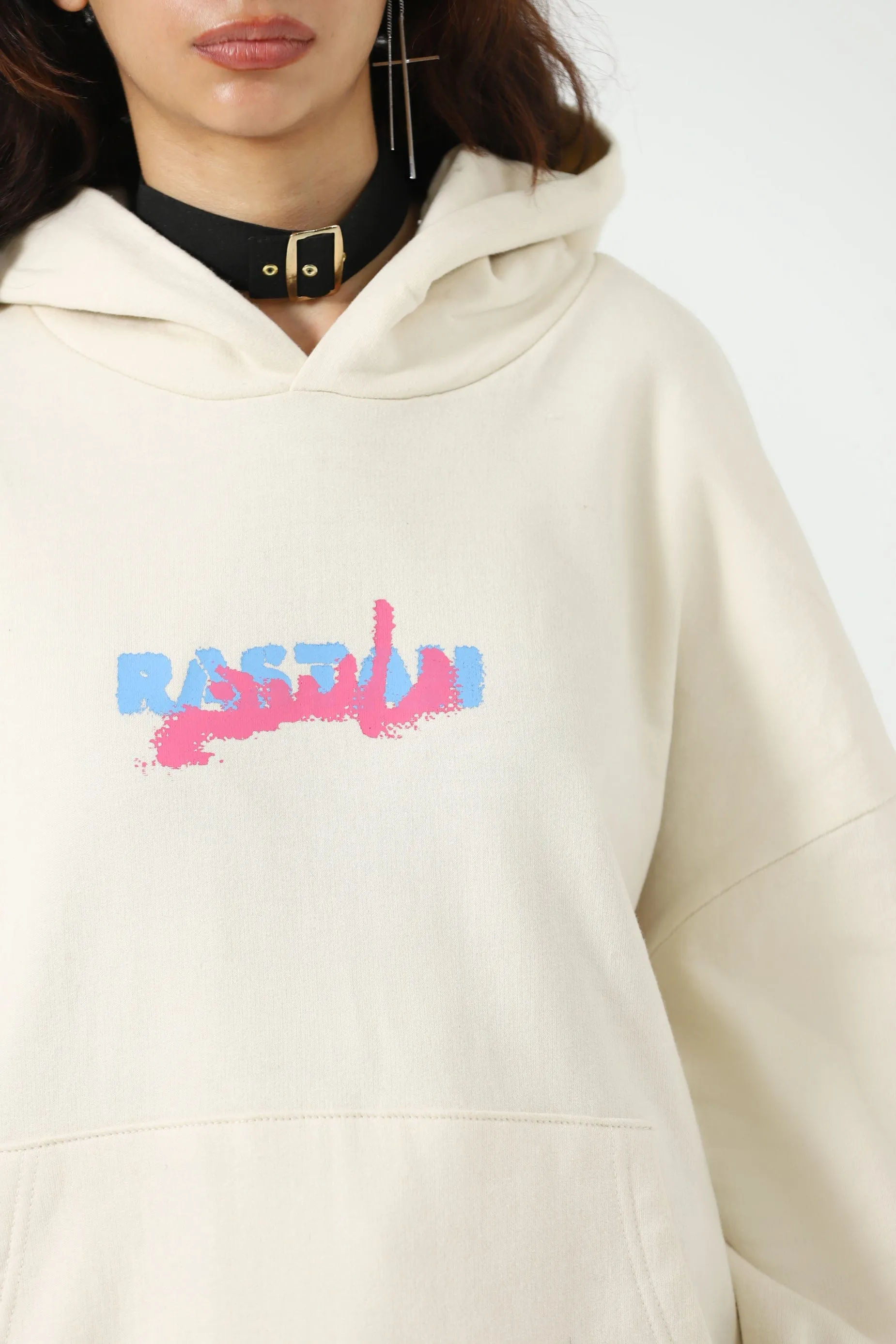 "REBELLION" BEIGE SCREEN PRINTED HOODIE