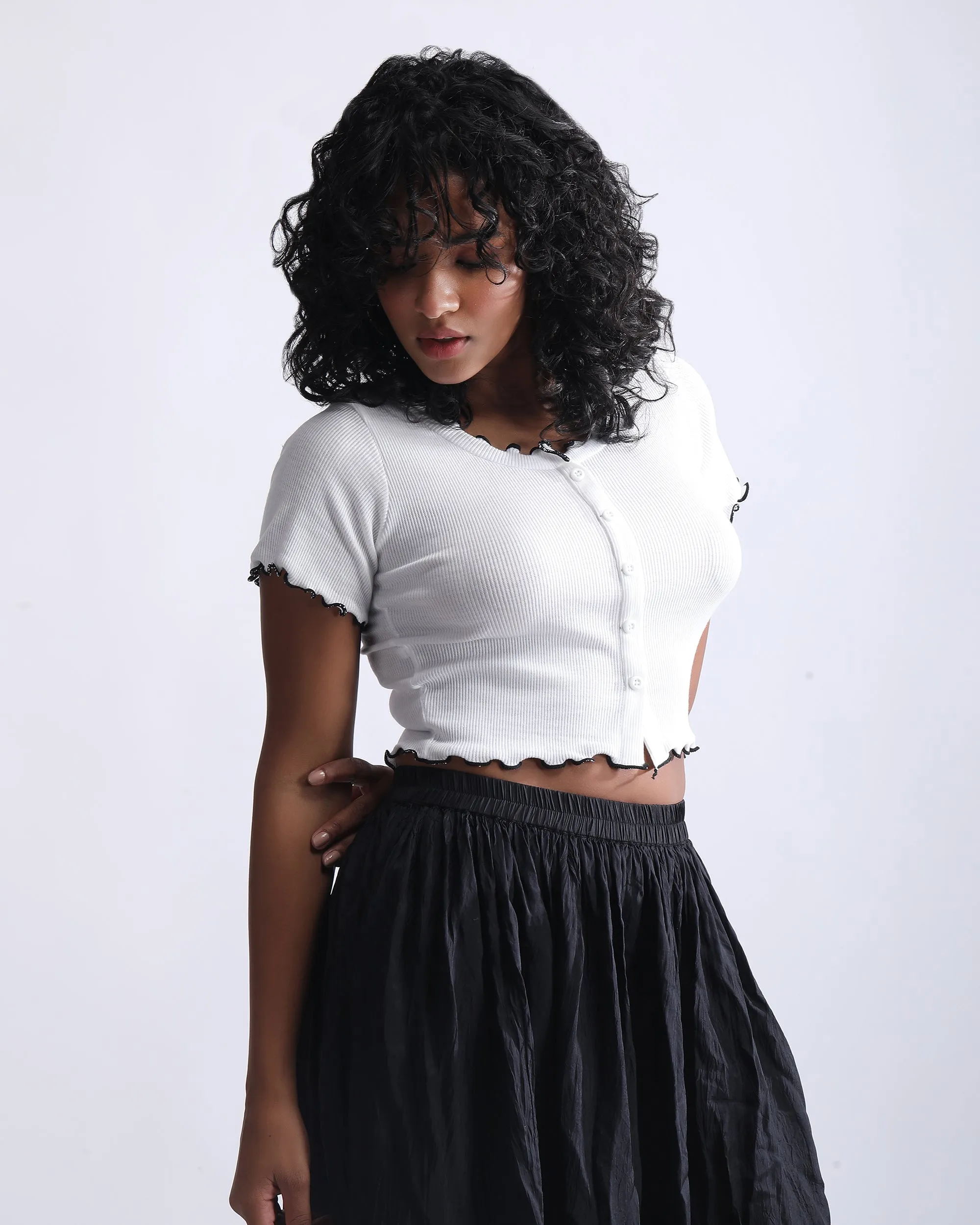 RIBBED BUTTON UP CROP TOP