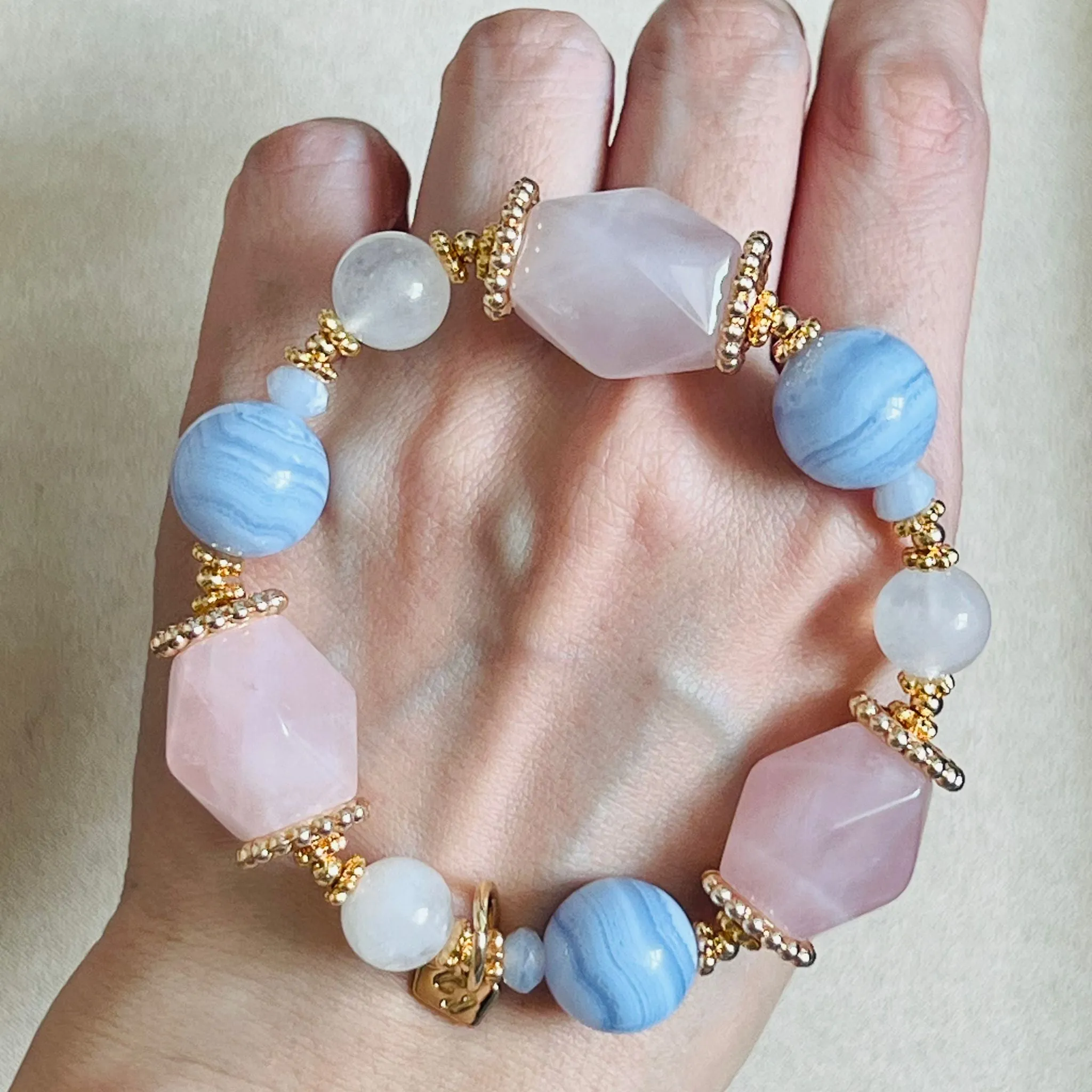 Rose Quartz, Blue Lace Agate & Moonstone Bracelet