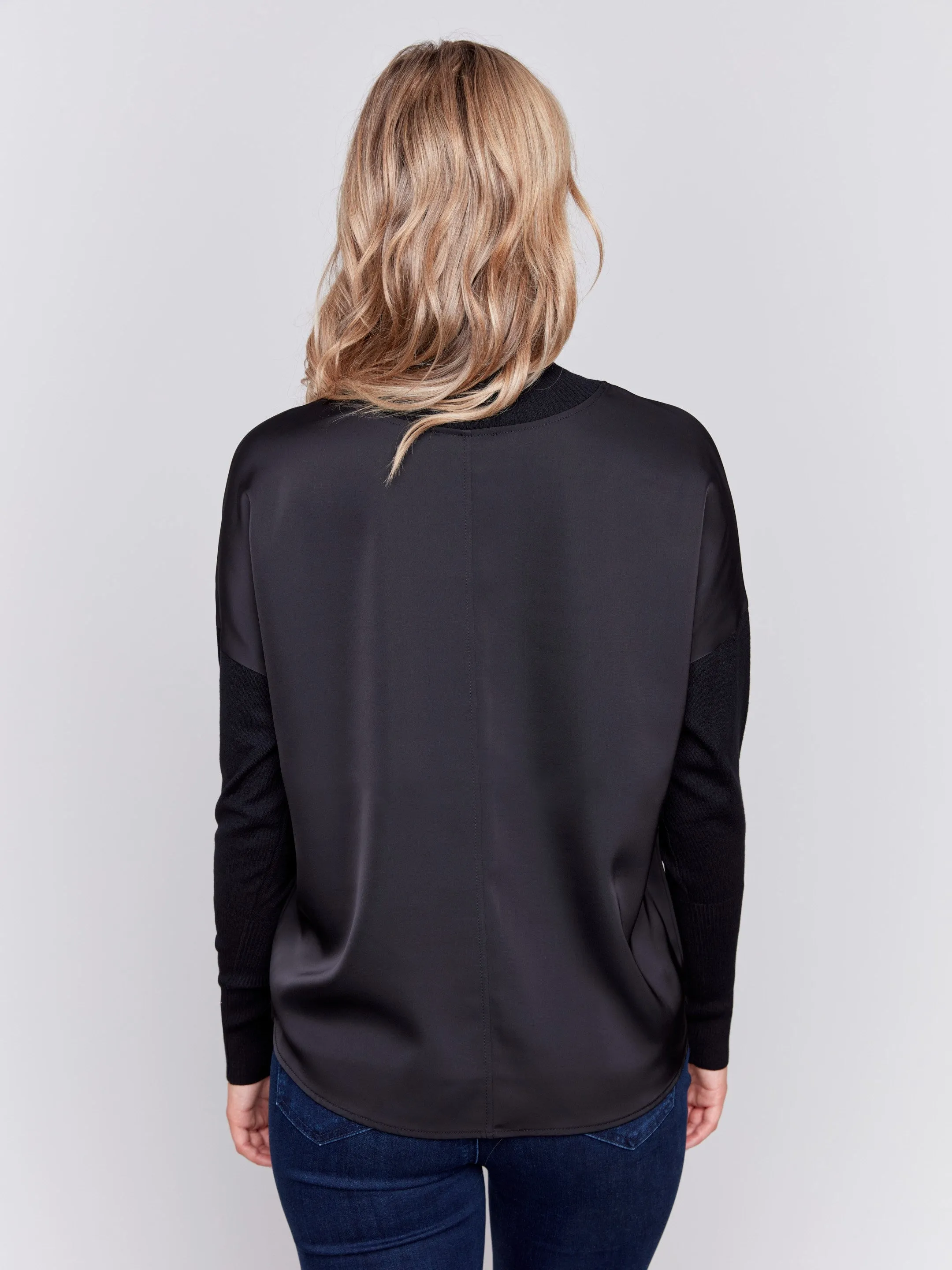 Satin Knit Top with Mock Neck - Black