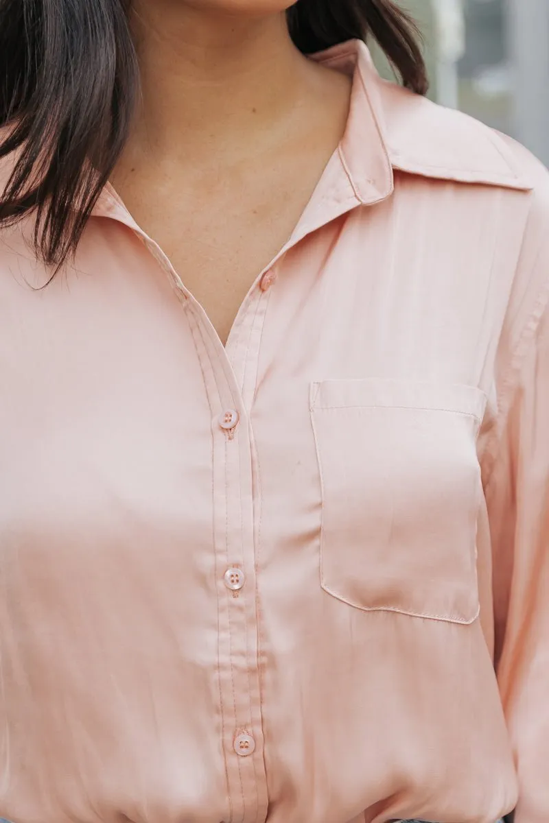 Sleek Satin Button Down Shirt - Salmon - FINAL SALE