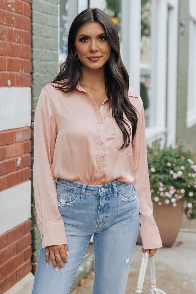 Sleek Satin Button Down Shirt - Salmon - FINAL SALE