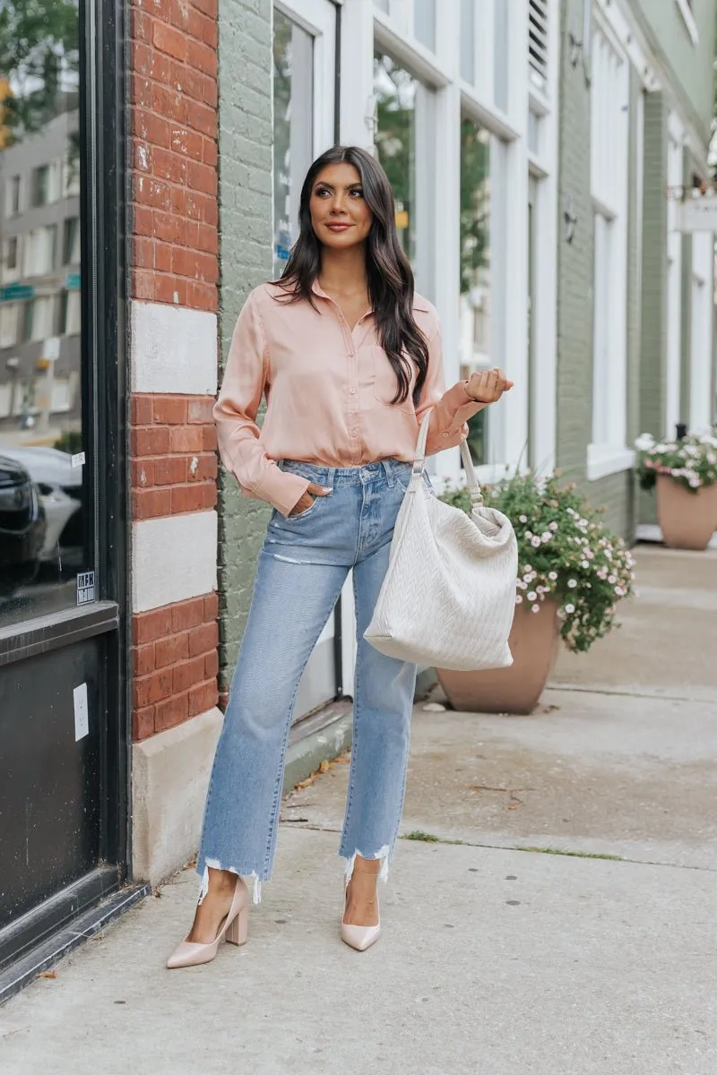 Sleek Satin Button Down Shirt - Salmon - FINAL SALE