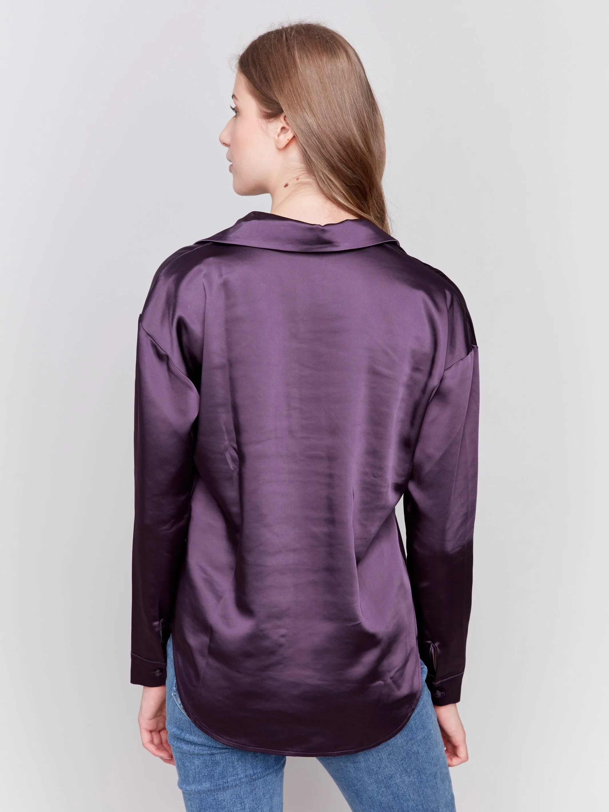 Solid Satin Button-Down Shirt - Plum