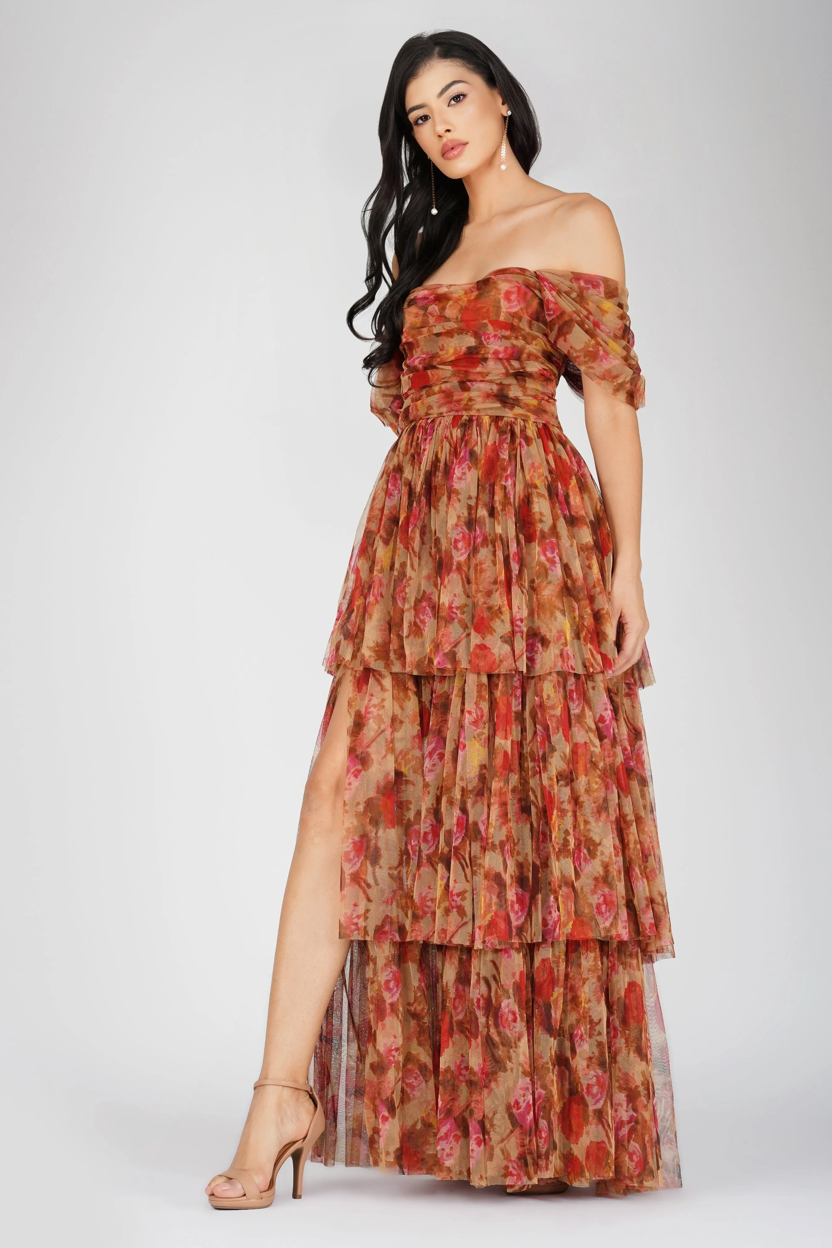 Sydney Tulle Maxi Dress in Brown Rose Floral