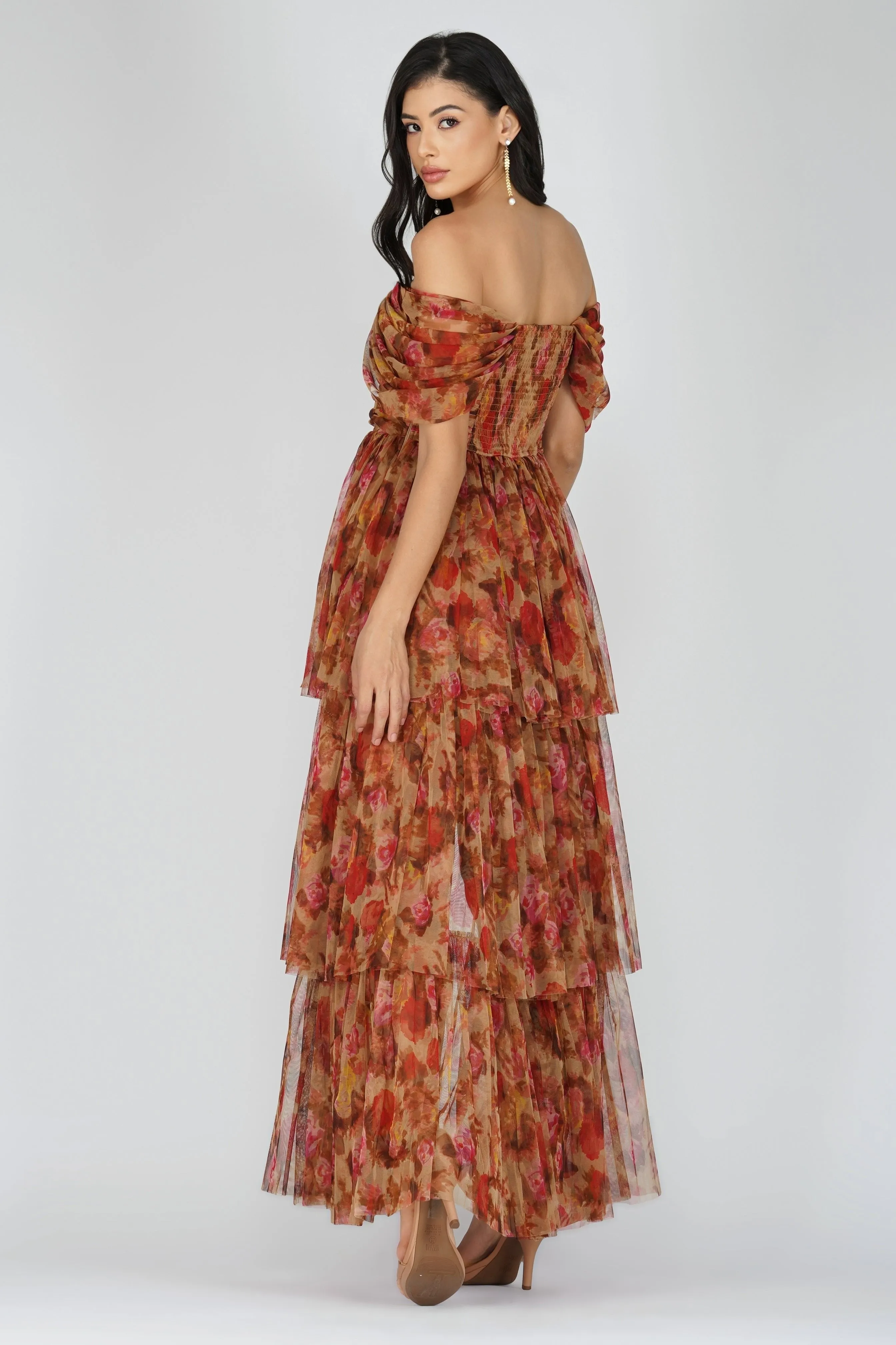 Sydney Tulle Maxi Dress in Brown Rose Floral