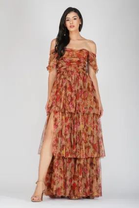 Sydney Tulle Maxi Dress in Brown Rose Floral