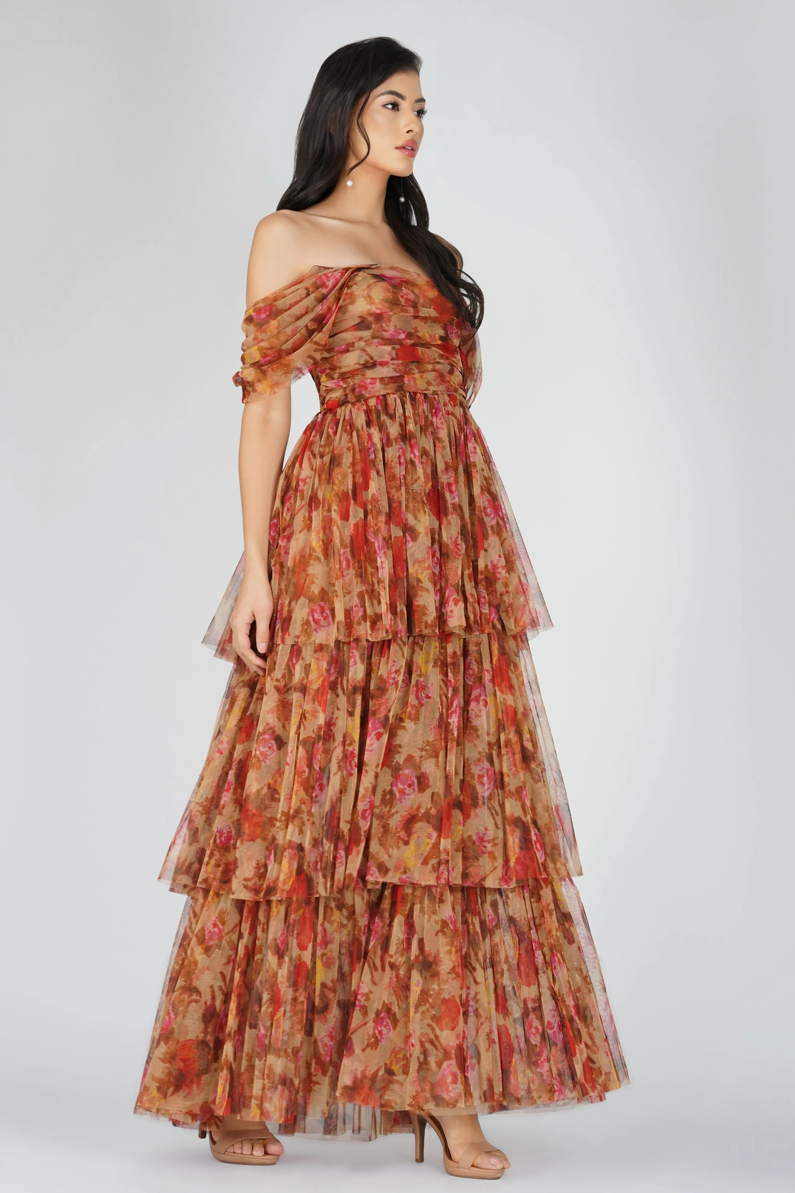 Sydney Tulle Maxi Dress in Brown Rose Floral