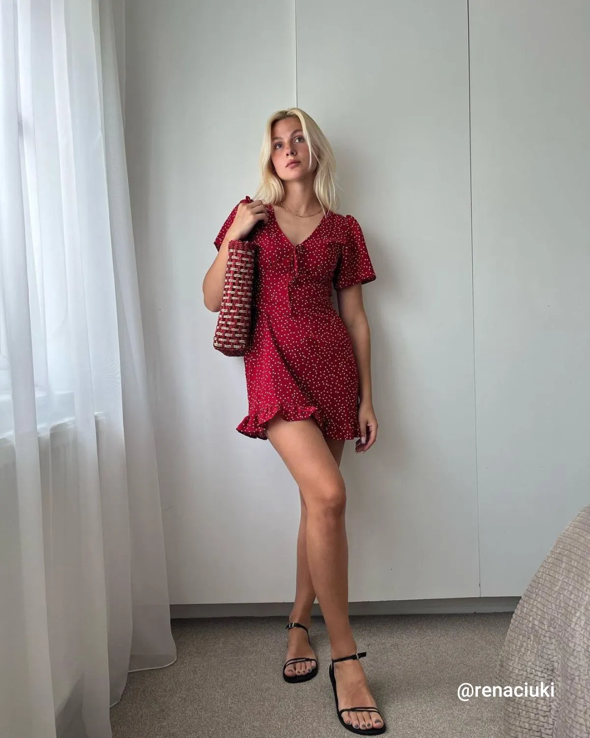 The Red V Neck Polka Dot Flounce Mini Dress