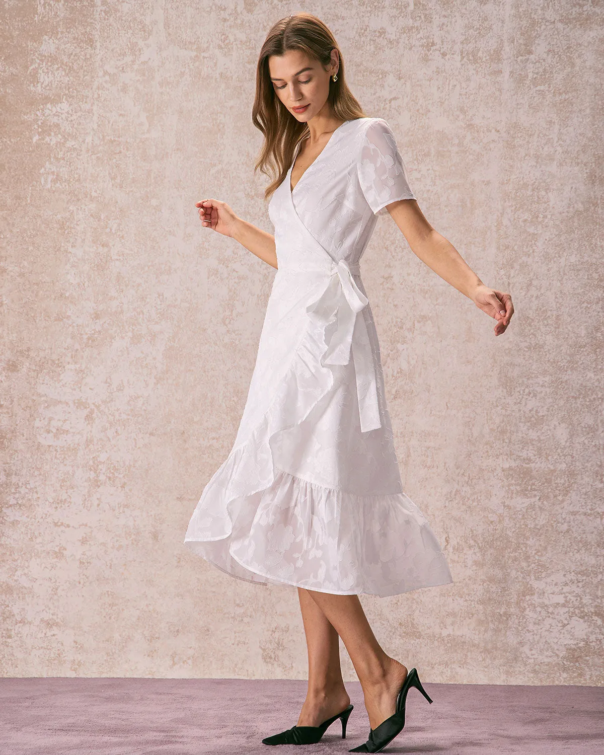 The White V Neck Jacquard Wrap Midi Dress