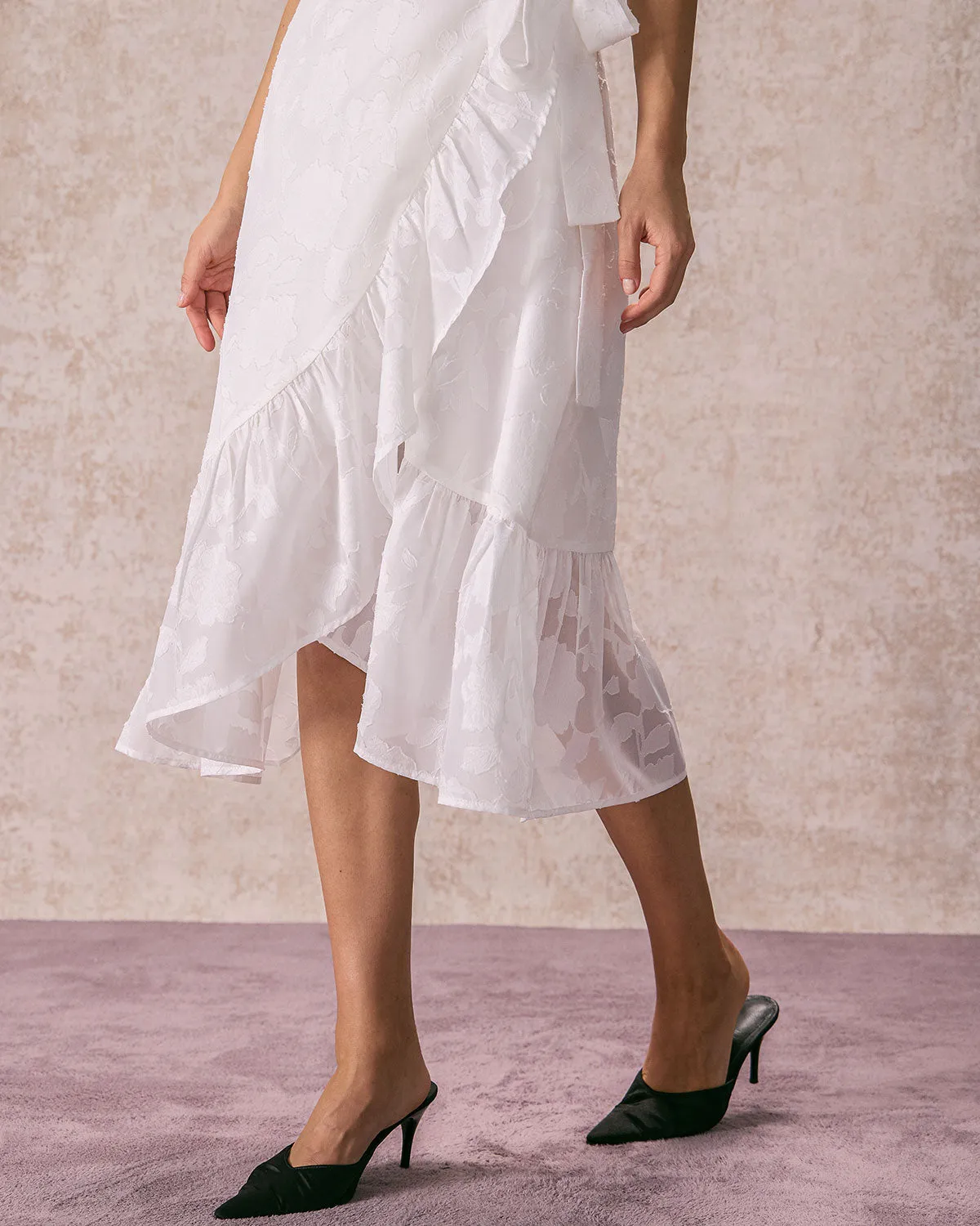 The White V Neck Jacquard Wrap Midi Dress