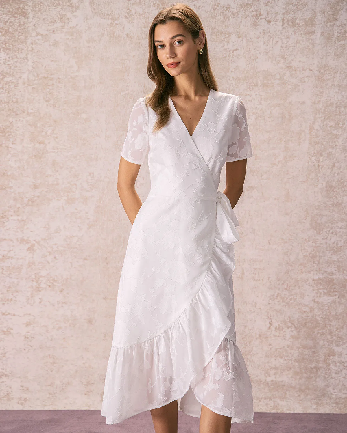 The White V Neck Jacquard Wrap Midi Dress