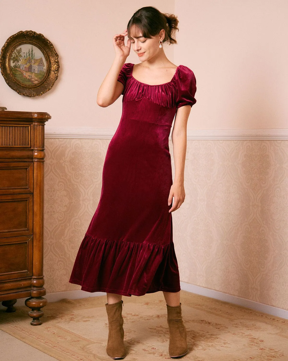 The Wine Red U Neck Ruched Velvet Maxi Dress