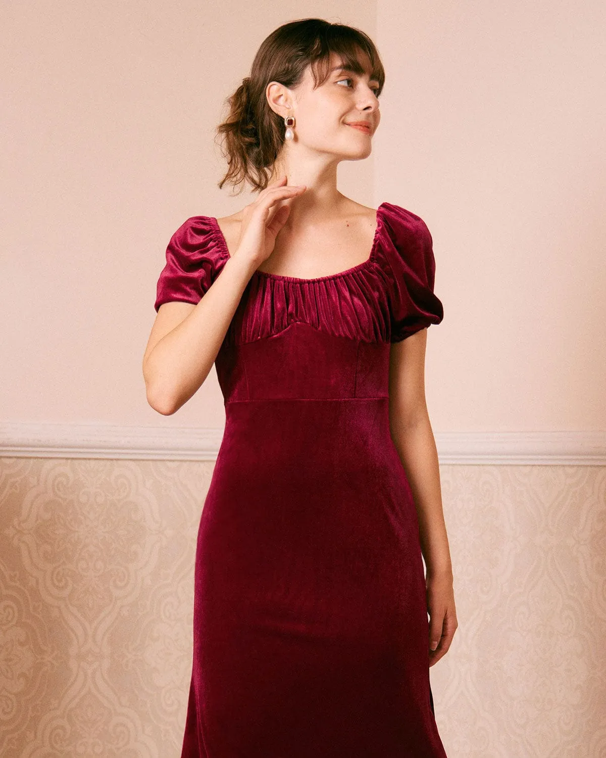 The Wine Red U Neck Ruched Velvet Maxi Dress