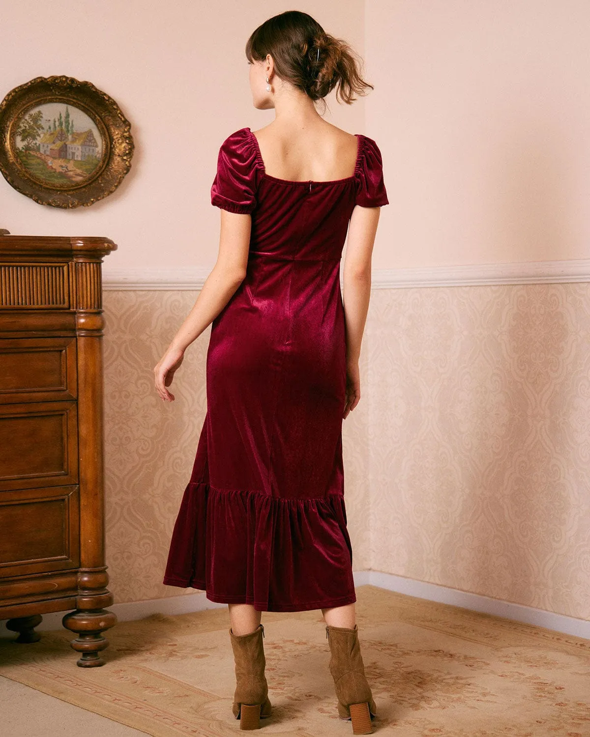 The Wine Red U Neck Ruched Velvet Maxi Dress