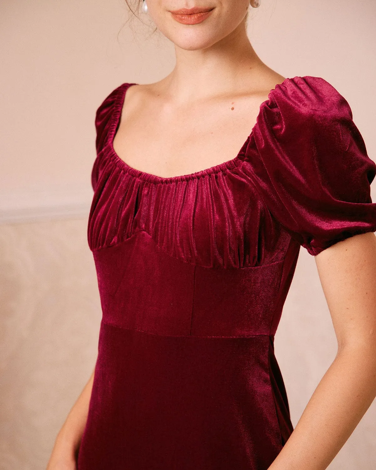 The Wine Red U Neck Ruched Velvet Maxi Dress