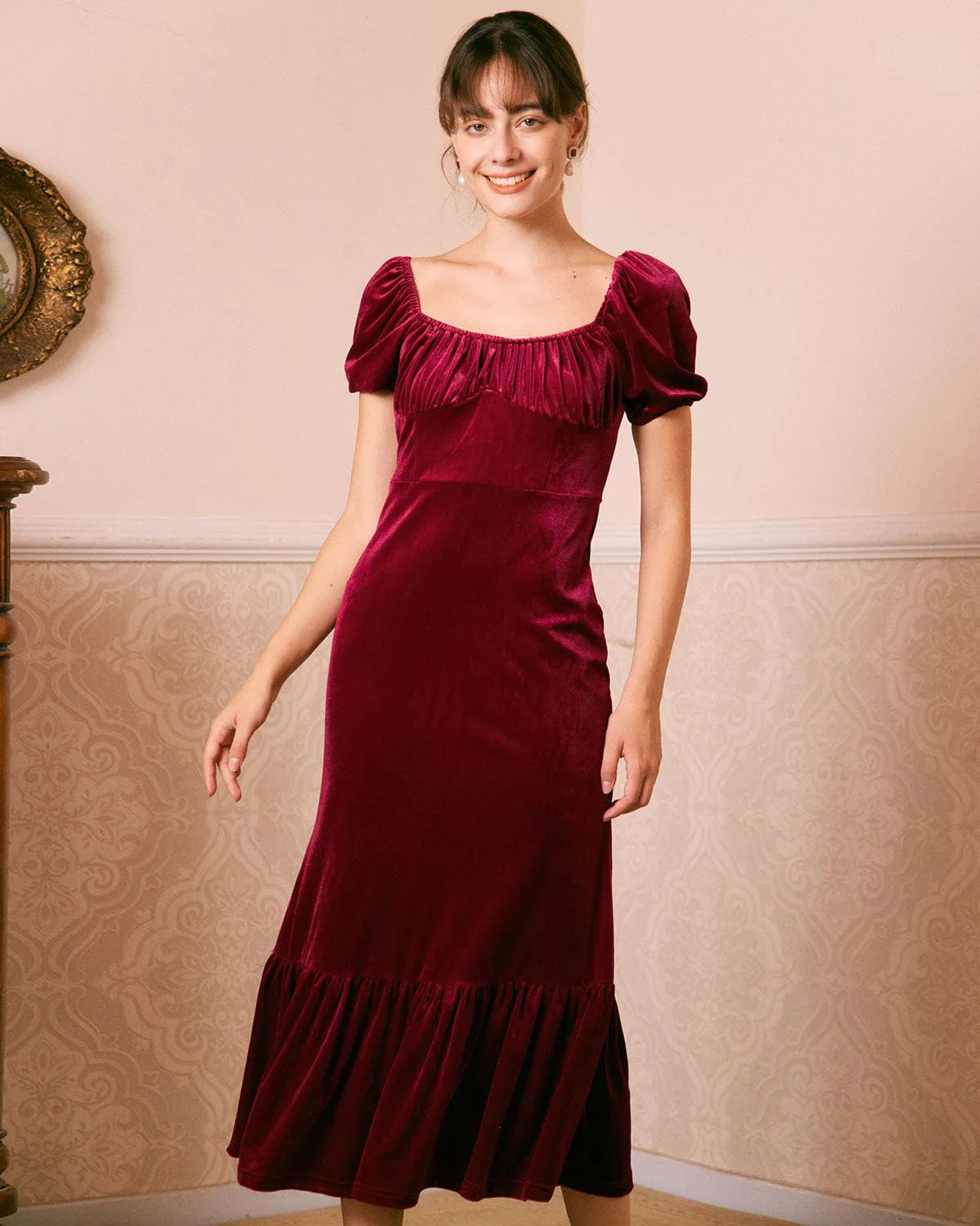 The Wine Red U Neck Ruched Velvet Maxi Dress