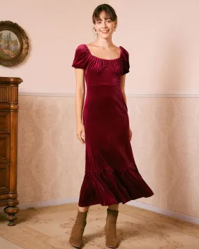 The Wine Red U Neck Ruched Velvet Maxi Dress