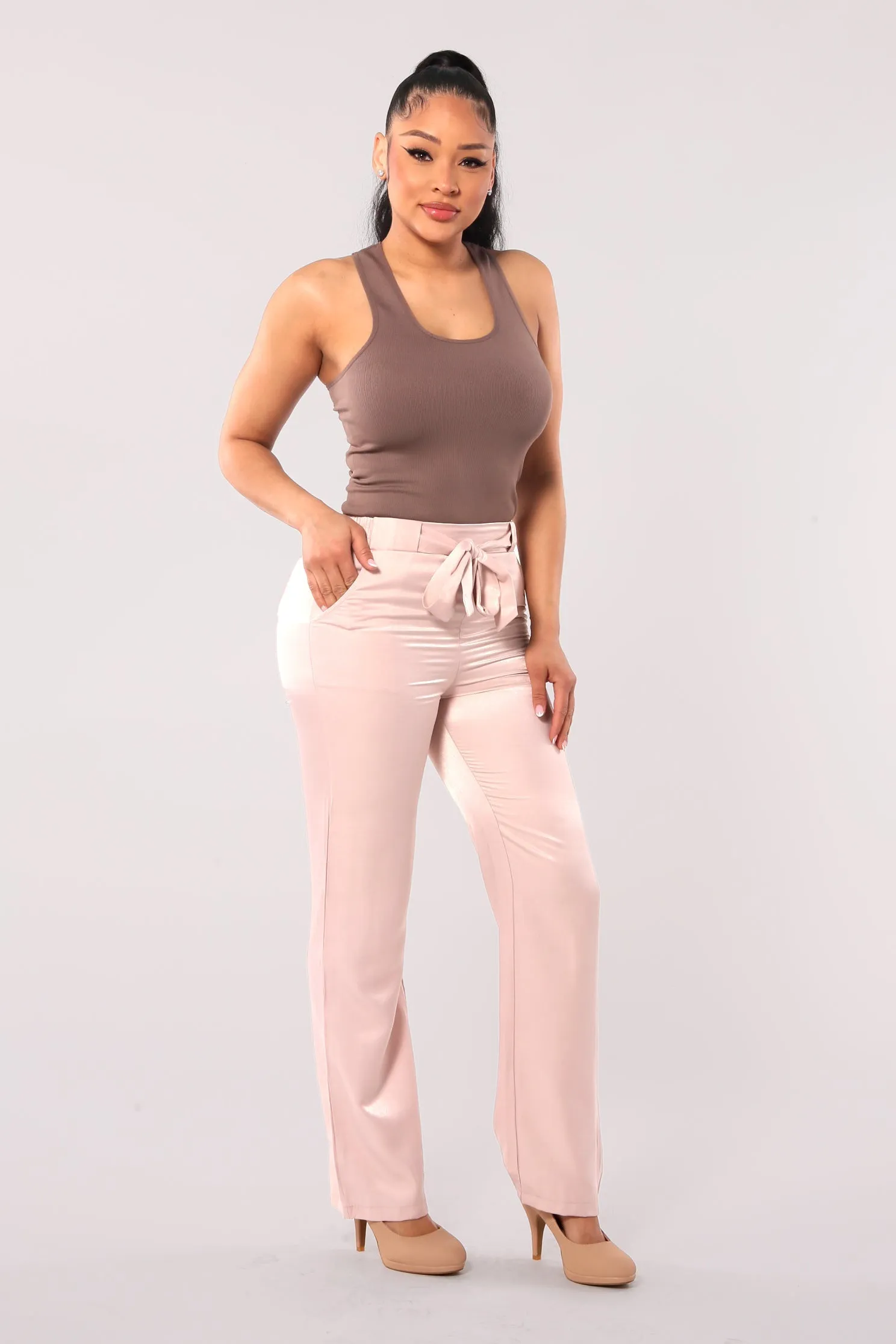 Tribute Silk Straight Leg Pants With Self Tie - Blush Pink