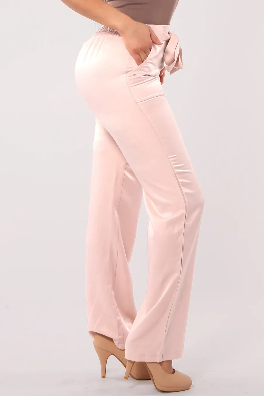 Tribute Silk Straight Leg Pants With Self Tie - Blush Pink